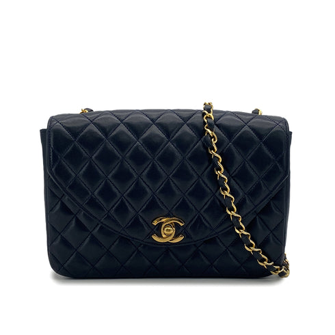 VINTAGE CHANEL HALF MOON CHAIN SHOULDER BAG NAVY LAMB SKIN GOLD HARDWARE 90318630
