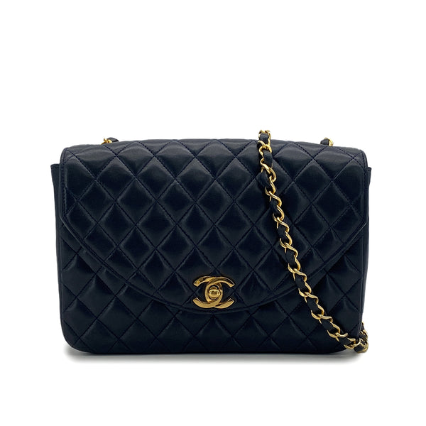 VINTAGE CHANEL HALF MOON CHAIN SHOULDER BAG NAVY LAMB SKIN GOLD HARDWARE 90318630