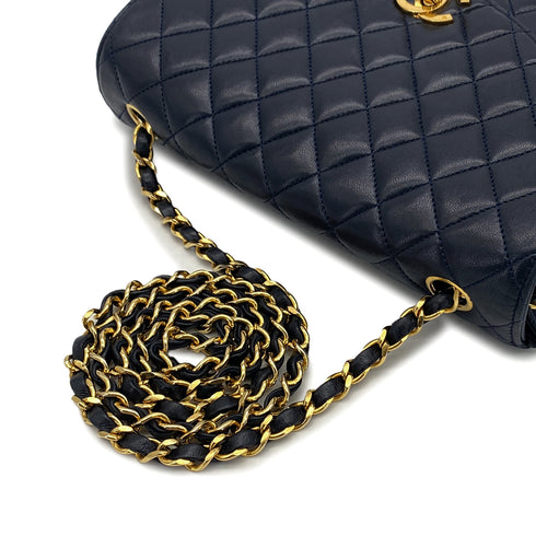VINTAGE CHANEL HALF MOON CHAIN SHOULDER BAG NAVY LAMB SKIN GOLD HARDWARE 90318630