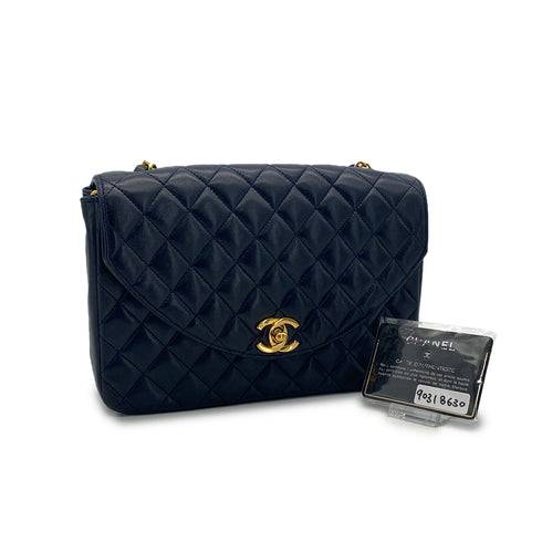 VINTAGE CHANEL HALF MOON CHAIN SHOULDER BAG NAVY LAMB SKIN GOLD HARDWARE 90318630