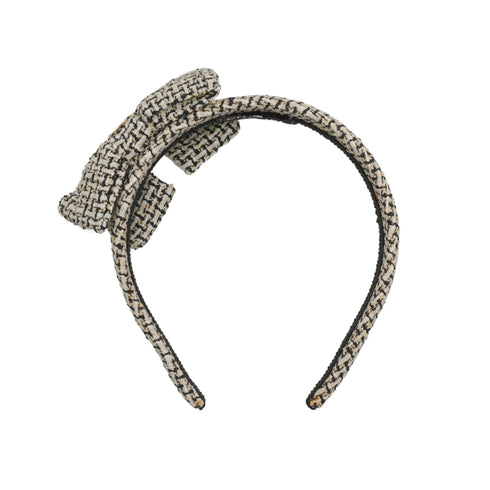 VINTAGE CHANEL HEADBAND COCOMARK RIBBON BLACK WHITE BEIGE TWEED HAIR ACCESSORY 90339684