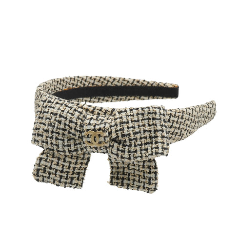 VINTAGE CHANEL HEADBAND COCOMARK RIBBON BLACK WHITE BEIGE TWEED HAIR ACCESSORY 90339684