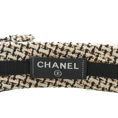 VINTAGE CHANEL HEADBAND COCOMARK RIBBON BLACK WHITE BEIGE TWEED HAIR ACCESSORY 90339684