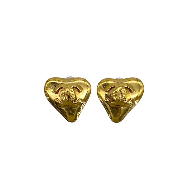 VINTAGE CHANEL HEART EARRINGS COCOMARK GOLD ACCESSORY 93P 90322159