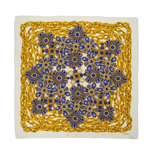 VINTAGE CHANEL JEWELRY CHAIN PATTERN SCARF WHITE BLUE GOLD SILK 90322222