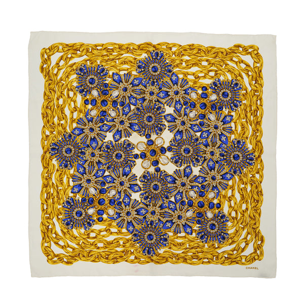 VINTAGE CHANEL JEWELRY CHAIN PATTERN SCARF WHITE BLUE GOLD SILK 90322222