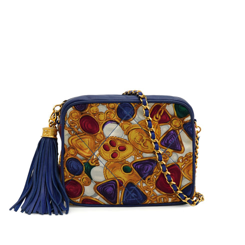 VINTAGE CHANEL JEWELRY PATTERN FRINGE MINI CHAIN SHOULDER BAG BLUE LAMB SKIN GOLD HARDWARE 90342592
