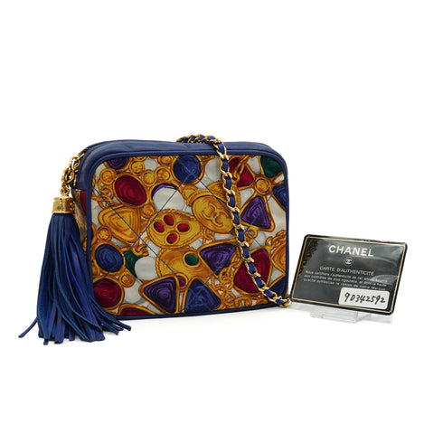 VINTAGE CHANEL JEWELRY PATTERN FRINGE MINI CHAIN SHOULDER BAG BLUE LAMB SKIN GOLD HARDWARE 90342592
