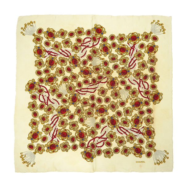 VINTAGE CHANEL JEWELRY PATTERN SCARF BEIGE SILK 90326712