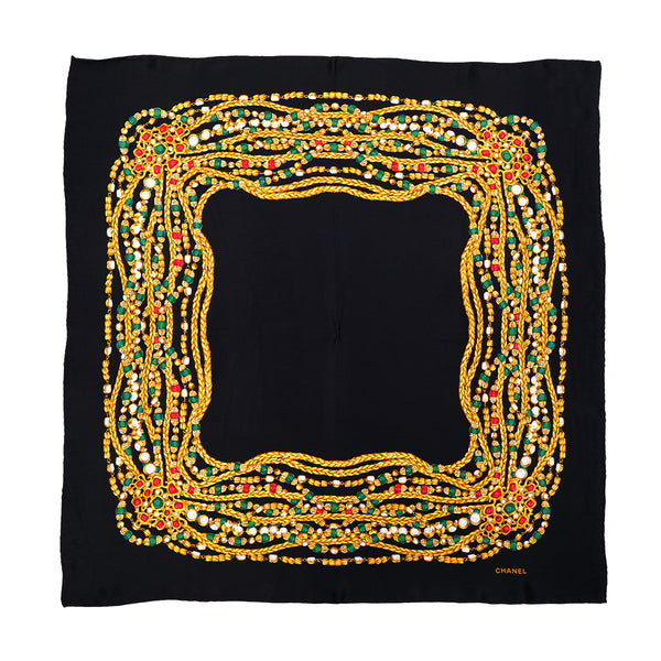 VINTAGE CHANEL JEWELRY PATTERN SCARF BLACK SILK 90324150