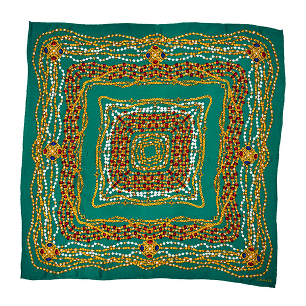 VINTAGE CHANEL JEWELRY PATTERN SCARF GREEN SILK 90329023