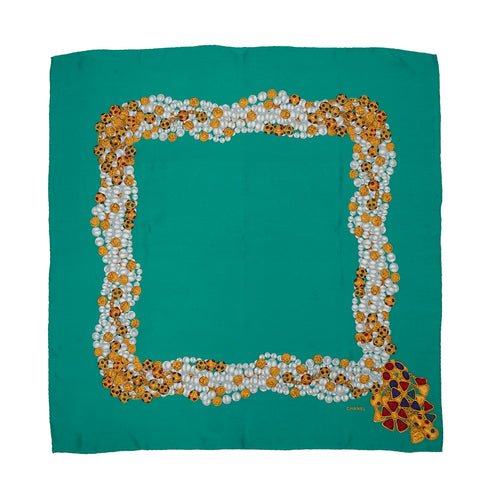 VINTAGE CHANEL JEWELRY PATTERN SCARF GREEN SILK 90330678
