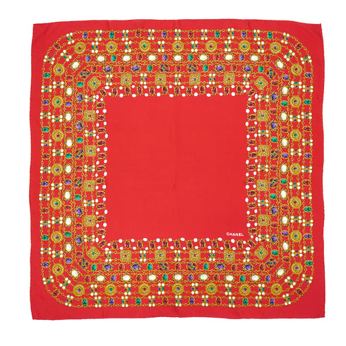 VINTAGE CHANEL JEWELRY PATTERN SCARF RED MULTICOLOR SILK 90335001