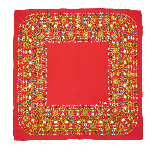 VINTAGE CHANEL JEWELRY PATTERN SCARF RED MULTICOLOR SILK 90335001