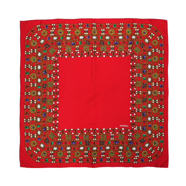VINTAGE CHANEL JEWELRY PATTERN SCARF RED MULTICOLOR SILK 90321117