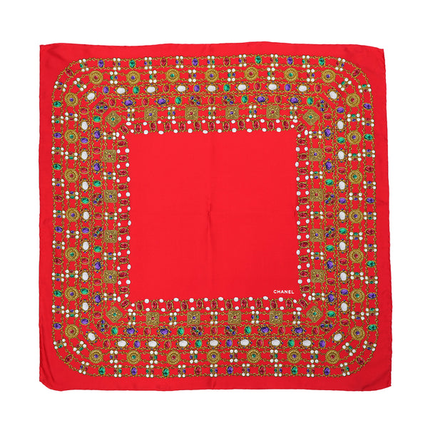 VINTAGE CHANEL JEWELRY PATTERN SCARF RED MULTICOLOR SILK 90322219
