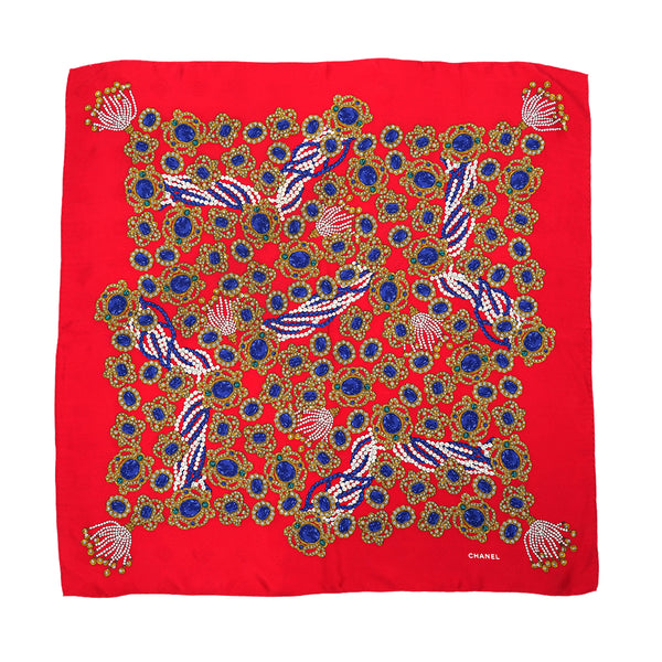 VINTAGE CHANEL JEWELRY PATTERN SCARF RED SILK 90324782
