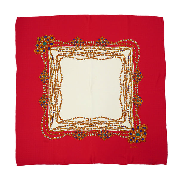 VINTAGE CHANEL JEWELRY PATTERN SCARF RED SILK 90326788