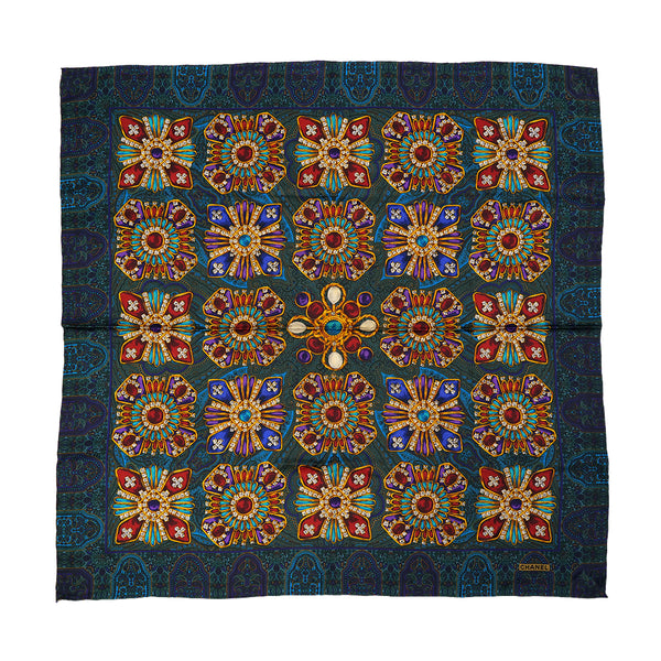 VINTAGE CHANEL JEWELRY PEIZURI PATTERN SCARF GREEN SILK 90323494