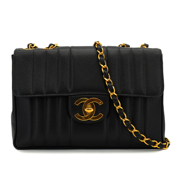 VINTAGE CHANEL JUMBO MADEMOISELLE 30 CHAIN SHOULDER BAG BLACK CAVIAR SKIN 90326777