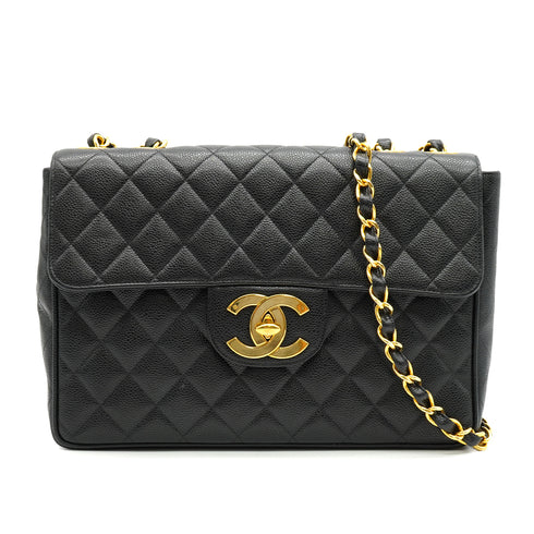 VINTAGE CHANEL JUMBO MATELASSE 30 CHAIN SHOULDER BAG BLACK CAVIAR SKIN GOLD HARDWARE 90335136