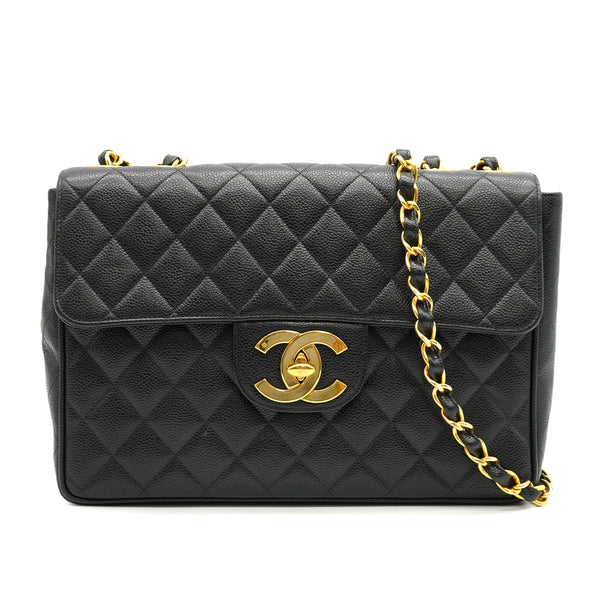 VINTAGE CHANEL JUMBO MATELASSE 30 CHAIN SHOULDER BAG BLACK CAVIAR SKIN GOLD HARDWARE 90335136