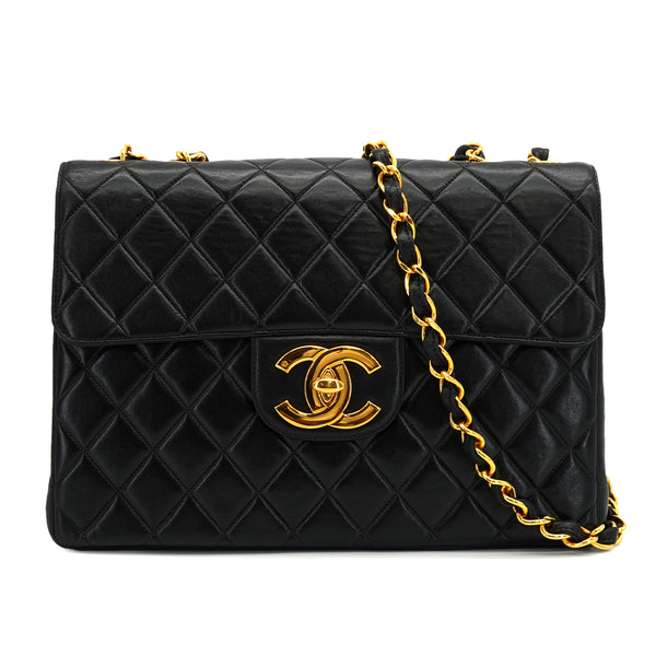 VINTAGE CHANEL JUMBO MATELASSE 30 CHAIN SHOULDER BAG BLACK LAMB SKIN GOLD HARDWARE 90333725