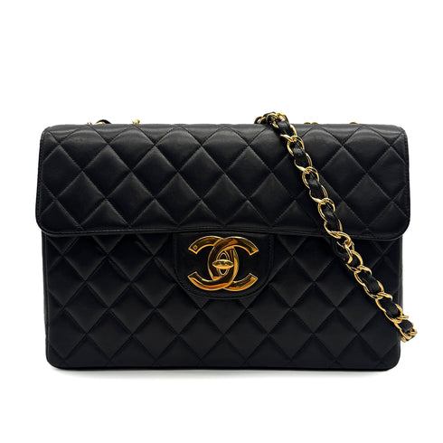 VINTAGE CHANEL JUMBO MATELASSE 30 CHAIN SHOULDER BAG BLACK LAMB SKIN GOLD HARDWARE 90317777