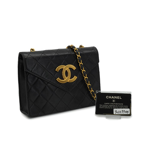 VINTAGE CHANEL LETTER FLAP MATELASSE BIG COCO CHAIN SHOULDER BAG BLACK LAMB SKIN GOLD HARDWARE 90339944