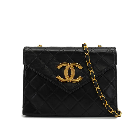 VINTAGE CHANEL LETTER FLAP MATELASSE BIG COCO CHAIN SHOULDER BAG BLACK LAMB SKIN GOLD HARDWARE 90339944