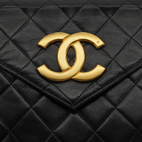 VINTAGE CHANEL LETTER FLAP MATELASSE BIG COCO CHAIN SHOULDER BAG BLACK LAMB SKIN GOLD HARDWARE 90339944