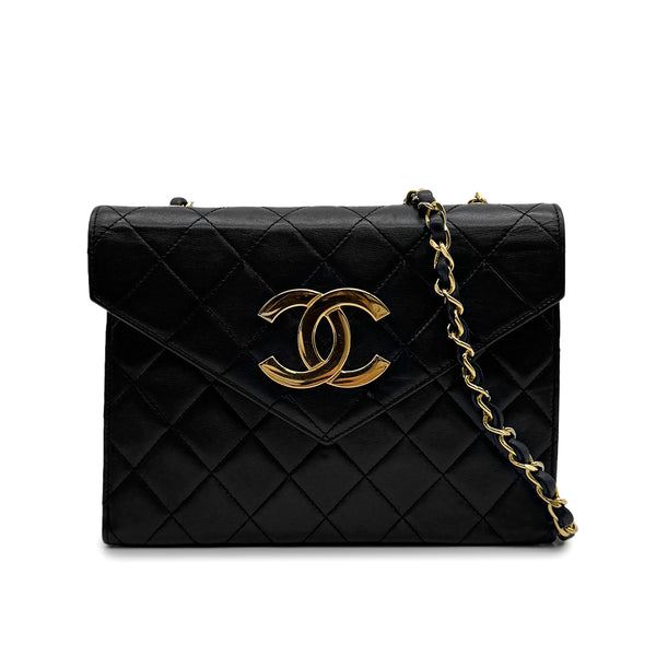 VINTAGE CHANEL LETTER FLAP MATELASSE BIG COCO CHAIN SHOULDER BAG BLACK LAMB SKIN GOLD HARDWARE 90317874