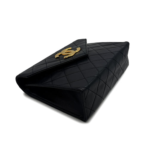 VINTAGE CHANEL LETTER FLAP MATELASSE BIG COCO CHAIN SHOULDER BAG BLACK LAMB SKIN GOLD HARDWARE 90317874
