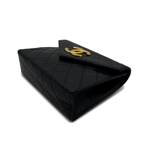 VINTAGE CHANEL LETTER FLAP MATELASSE BIG COCO CHAIN SHOULDER BAG BLACK LAMB SKIN GOLD HARDWARE 90317874