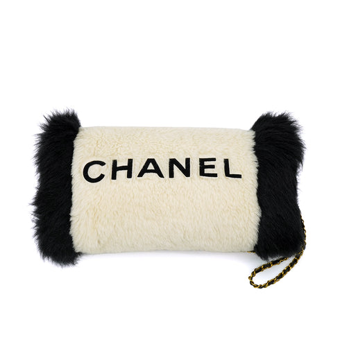 VINTAGE CHANEL LOGO ARM WARMER CHAIN WHITE BLACK FAUX FUR RTW 90335655