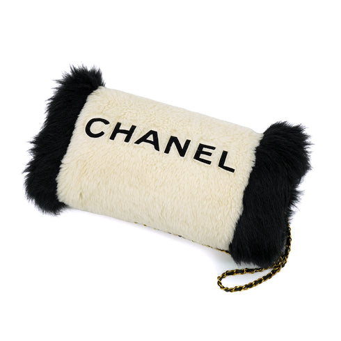 VINTAGE CHANEL LOGO ARM WARMER CHAIN WHITE BLACK FAUX FUR RTW 90335655