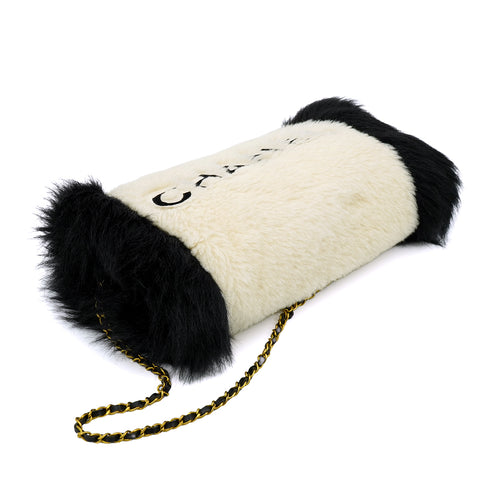 VINTAGE CHANEL LOGO ARM WARMER CHAIN WHITE BLACK FAUX FUR RTW 90335655