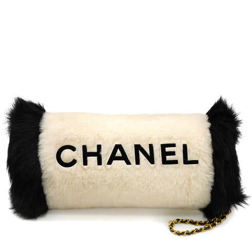 VINTAGE CHANEL LOGO ARM WARMER CHAIN WHITE BLACK FAUX FUR RTW 90346102