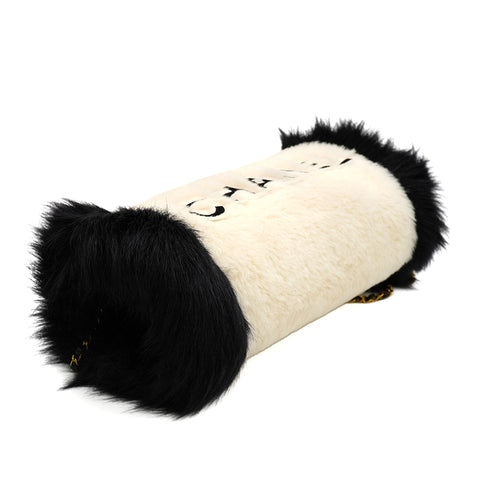 VINTAGE CHANEL LOGO ARM WARMER CHAIN WHITE BLACK FAUX FUR RTW 90346102