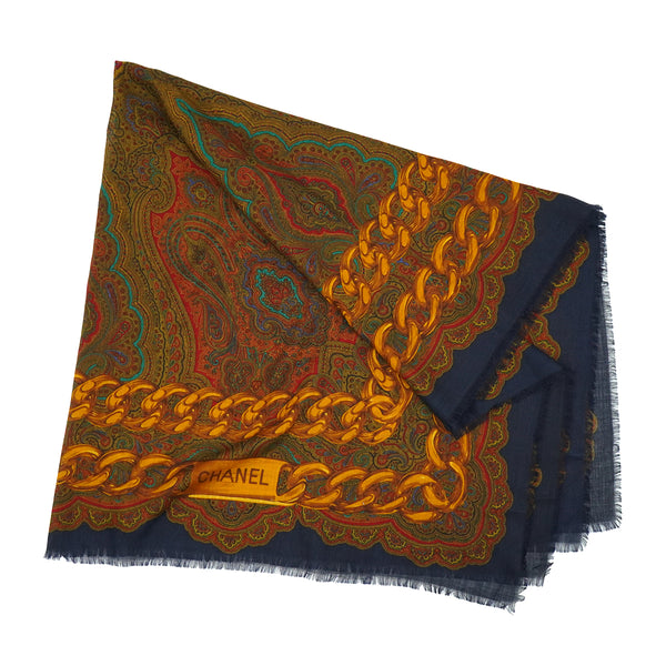 VINTAGE CHANEL LOGO CHAIN PAISLEY PATTERN SCARF NAVY SILK 90334511