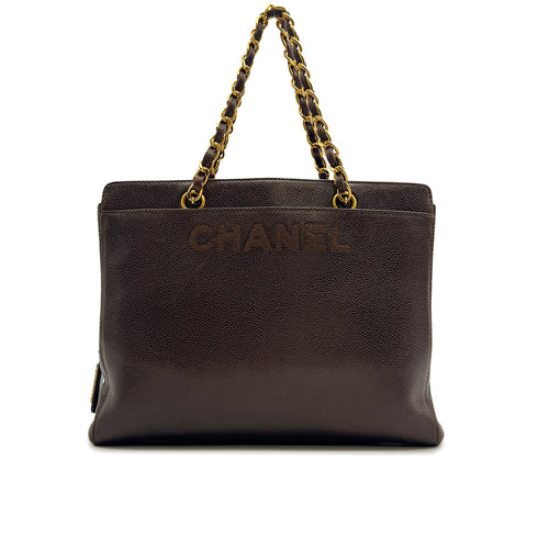 VINTAGE CHANEL LOGO CHAIN TOTE BAG BROWN CAVIAR SKIN GOLD HARDWARE 90315446