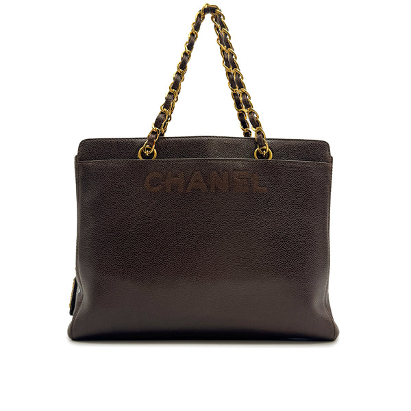 VINTAGE CHANEL LOGO CHAIN TOTE BAG BROWN CAVIAR SKIN GOLD HARDWARE 90315446