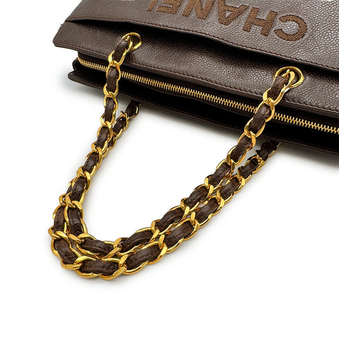 VINTAGE CHANEL LOGO CHAIN TOTE BAG BROWN CAVIAR SKIN GOLD HARDWARE 90315446