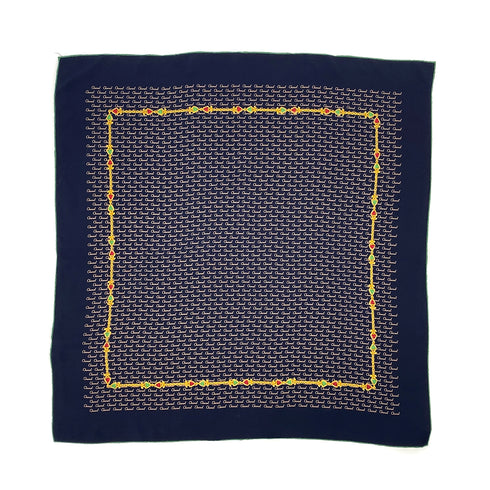 VINTAGE CHANEL LOGO GRIPOIX CHAIN PATTERN SCARF NAVY GREEN SILK 90323119