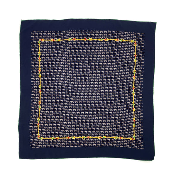 VINTAGE CHANEL LOGO GRIPOIX CHAIN PATTERN SCARF NAVY GREEN SILK 90323119