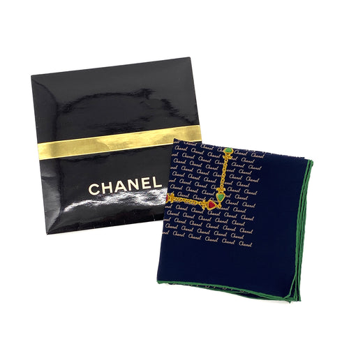 VINTAGE CHANEL LOGO GRIPOIX CHAIN PATTERN SCARF NAVY GREEN SILK 90323119