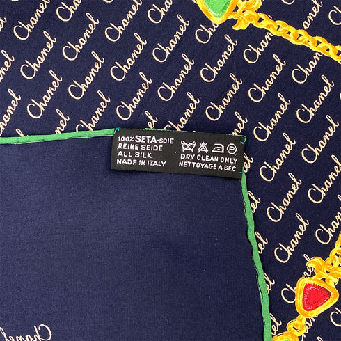 VINTAGE CHANEL LOGO GRIPOIX CHAIN PATTERN SCARF NAVY GREEN SILK 90323119