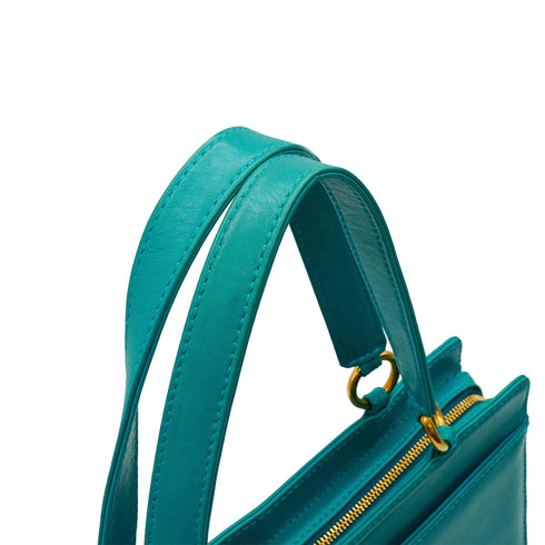VINTAGE CHANEL LOGO HAND BAG TURQUOISE BLUE LEATHER GOLD HARDWARE 90342429