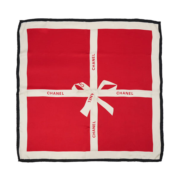 VINTAGE CHANEL LOGO RIBBON SCARF RED BLACK WHITE SILK 90322146
