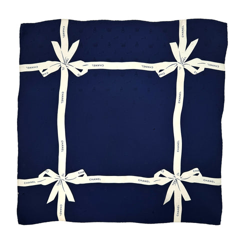 VINTAGE CHANEL LOGO RIBBON SCARF WHITE NAVY SILK 90319123